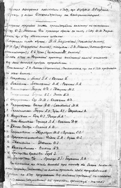 Протокол засідання повітового з’їзду в місті Олександрівськ. Розгляд питань: про федерацію і національно-територіальну автономію; про установчі збори; про вибори до Центральної, губернської та повітової рад; про події з полком ім. Гетьмана Богдана Хмельницького.