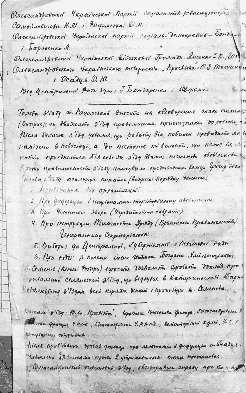 Протокол засідання повітового з’їзду в місті Олександрівськ. Розгляд питань: про федерацію і національно-територіальну автономію; про установчі збори; про вибори до Центральної, губернської та повітової рад; про події з полком ім. Гетьмана Богдана Хмельницького.